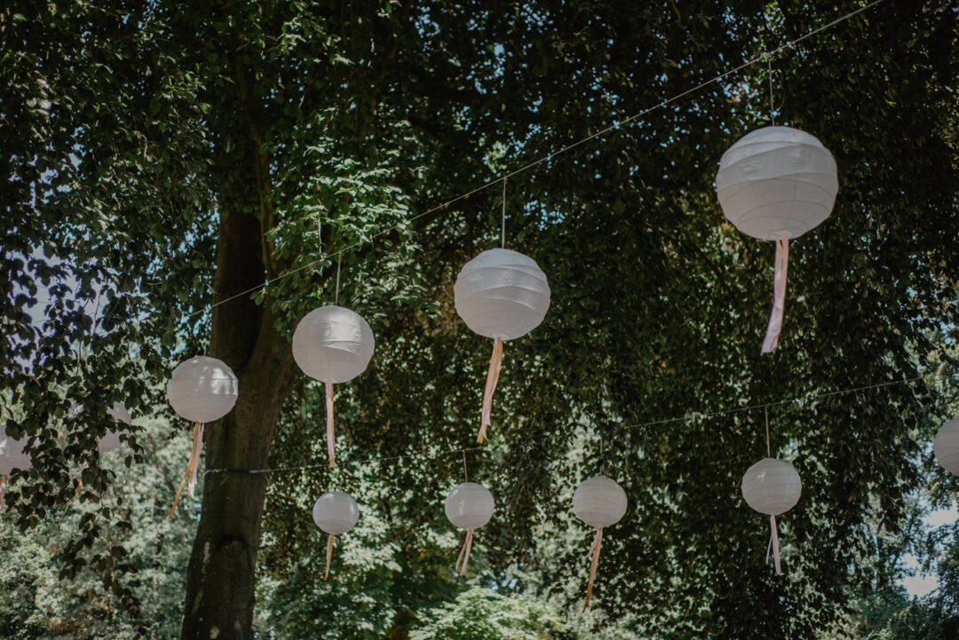 Weiße Papierlampions hängen zwischen Bäumen