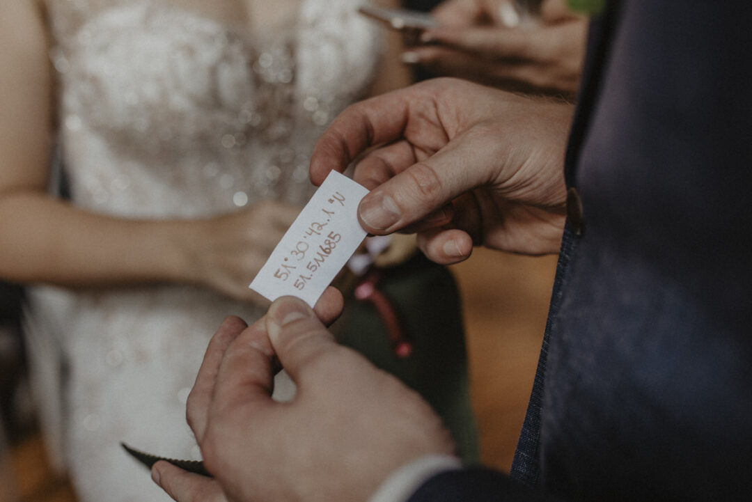 Bräutigam hält Papier mit Koordinaten in der Hand