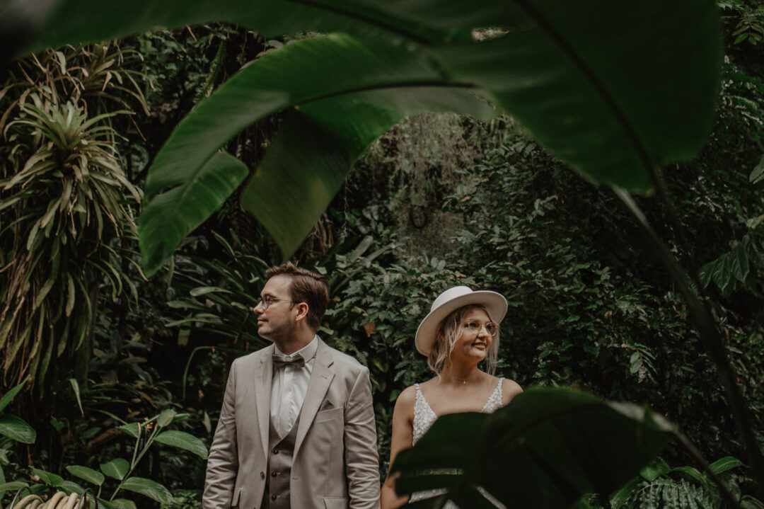 Brautpaar schaut sich an zwischen großen Blättern